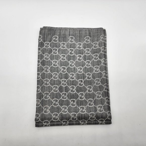 Gucci Wool Silk Monogram Fringe Scarf/Shawl | Gray | NEW - Picture 1 of 7
